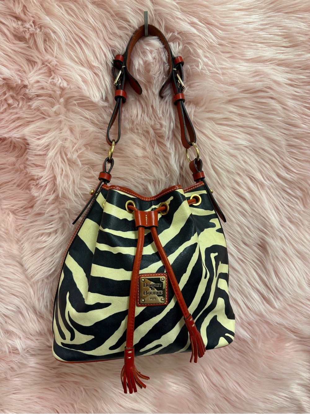 Vintage 1990s Dooney & Bourke Red, Black and Cream Zebra-Print Drawstring Hobo